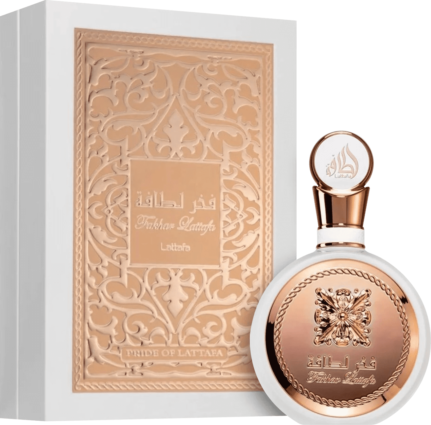 Frasco de item de perfumaria da marca Lattafa, com embalagem decorada em tons de bege e dourado, contendo texto em árabe e logotipo em relevo.