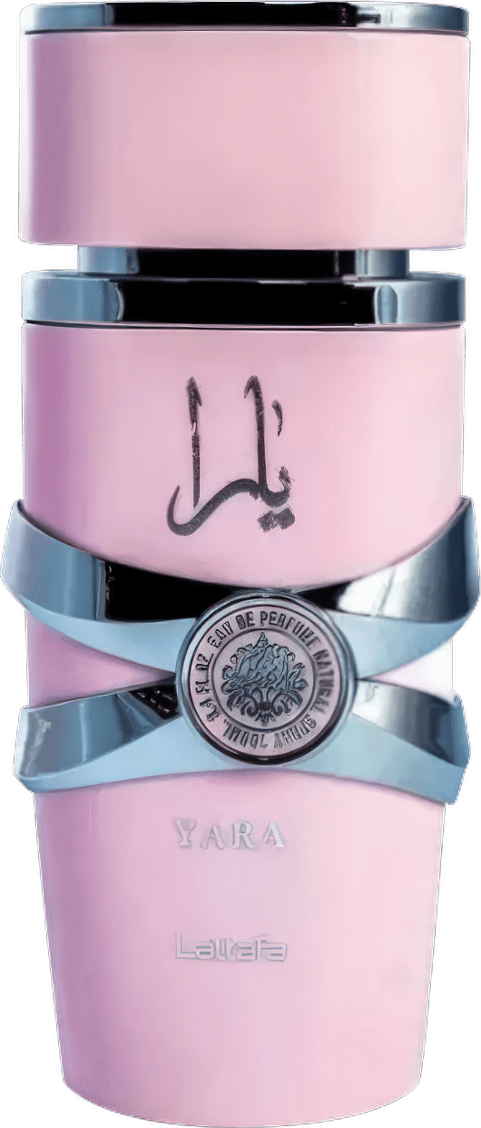 Frasco de perfume rosa da marca Lattafa Perfumes, com detalhes em prata e rótulo com texto em árabe. O produto possui um design elegante e sofisticado, com uma tampa destacada.