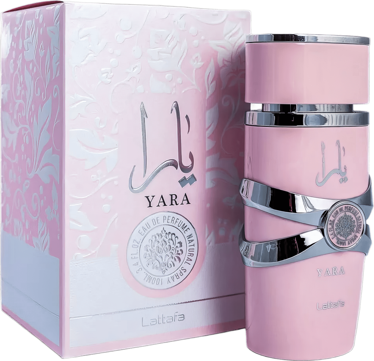 Perfume Yara da marca Lattafa em frasco rosa com detalhes prateados, embalado em caixa branca com padrões florais e rótulo com informações do produto.