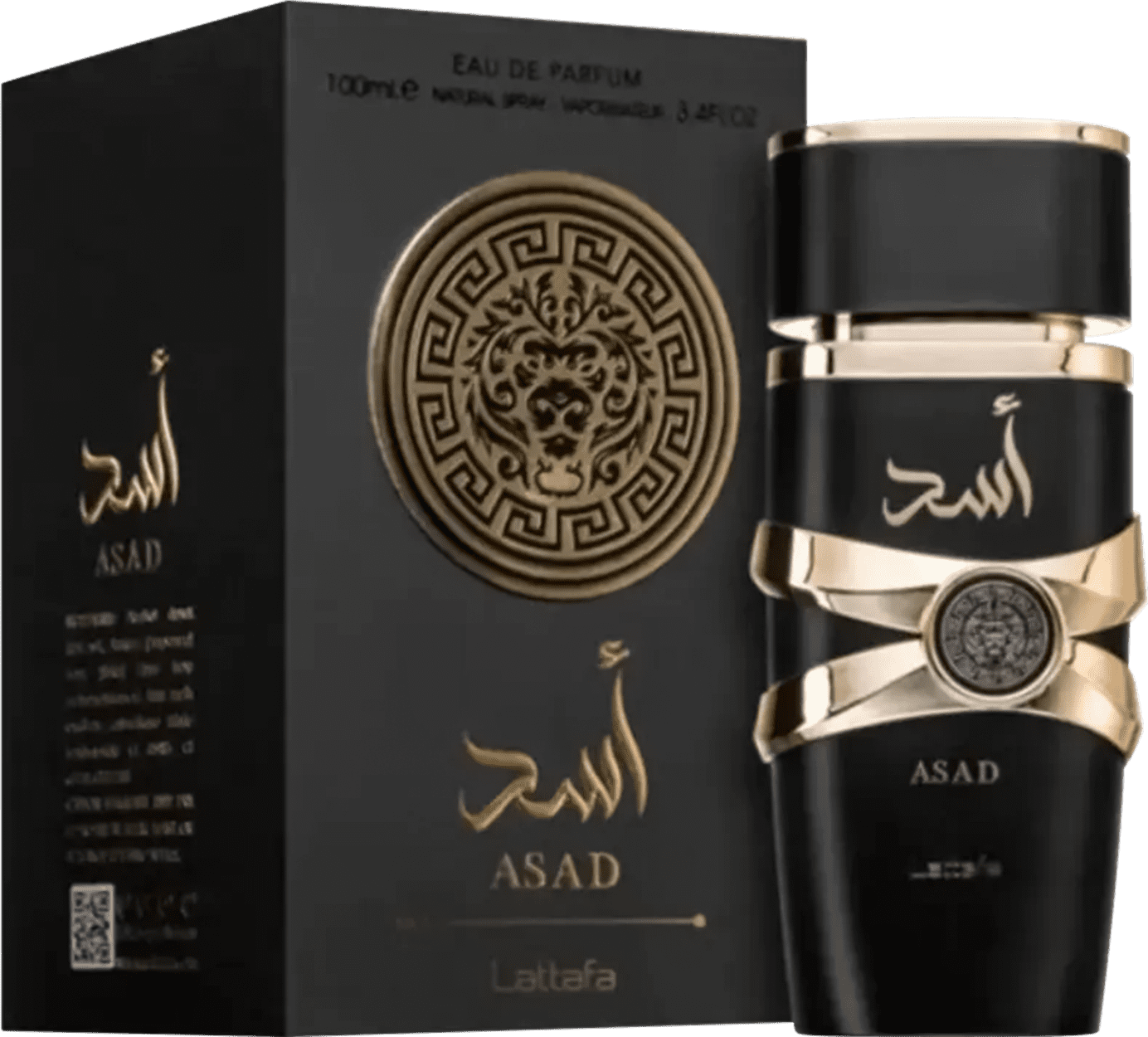 Frasco de perfume Asad da marca Lattafa, com embalagem preta e dourada contendo detalhes decorativos em relevo. O rótulo exibe o nome do produto em árabe e em inglês, com o logotipo da marca.