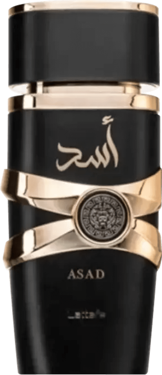 Frasco de perfume preto e dourado da marca Lattafa Perfumes, com o nome "Asad" em árabe e um selo dourado no centro. O design é elegante e minimalista, com detalhes dourados que realçam a embalagem.