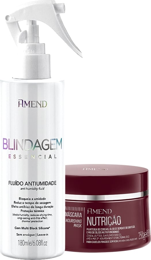 Dois produtos da marca Amend Cosméticos: um frasco branco com pulverizador contendo "Blindagem Essencial Fluido Antiumidade" e um pote vermelho com rótulo "Máscara Nutrição" para cabelos.