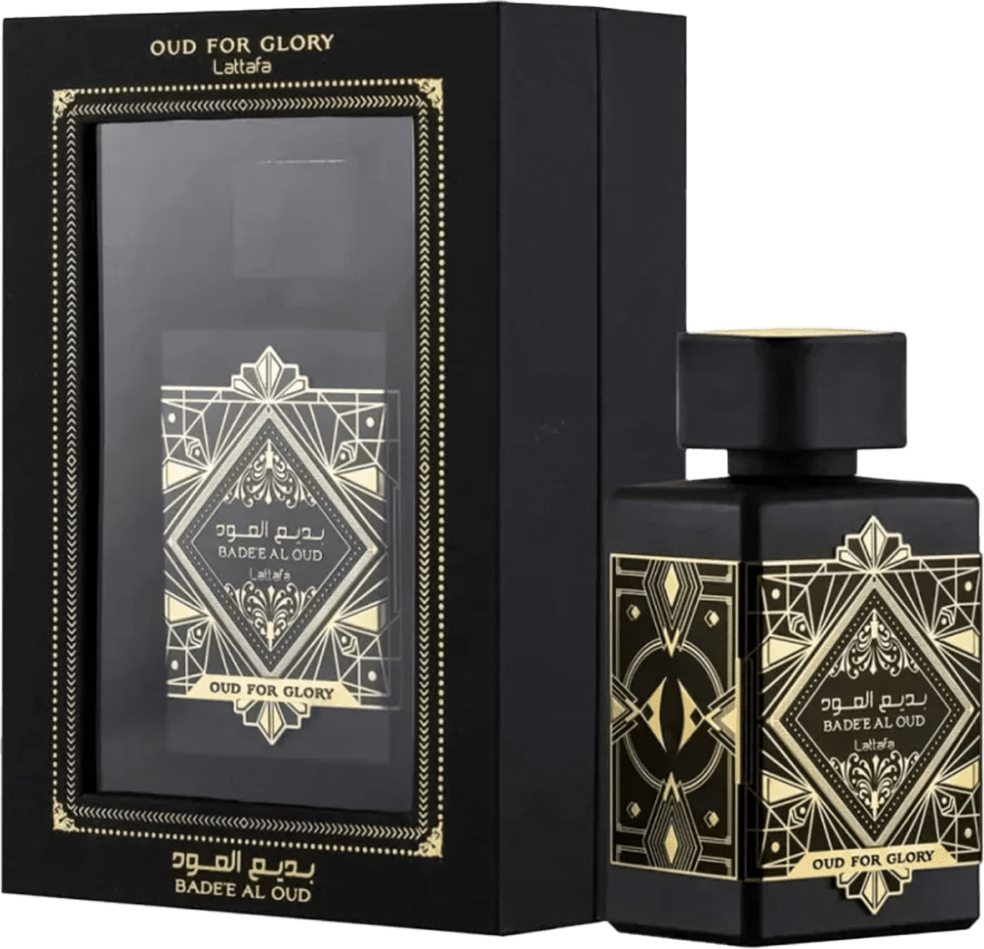 Caixa e frasco de item de perfumaria preto e dourado com design geométrico e texto em árabe e inglês "Oud for Glory" e "Badee al oud". O frasco possui um design elegante com detalhes decorativos em dourado. A caixa tem um padrão gráfico preto e dourado.