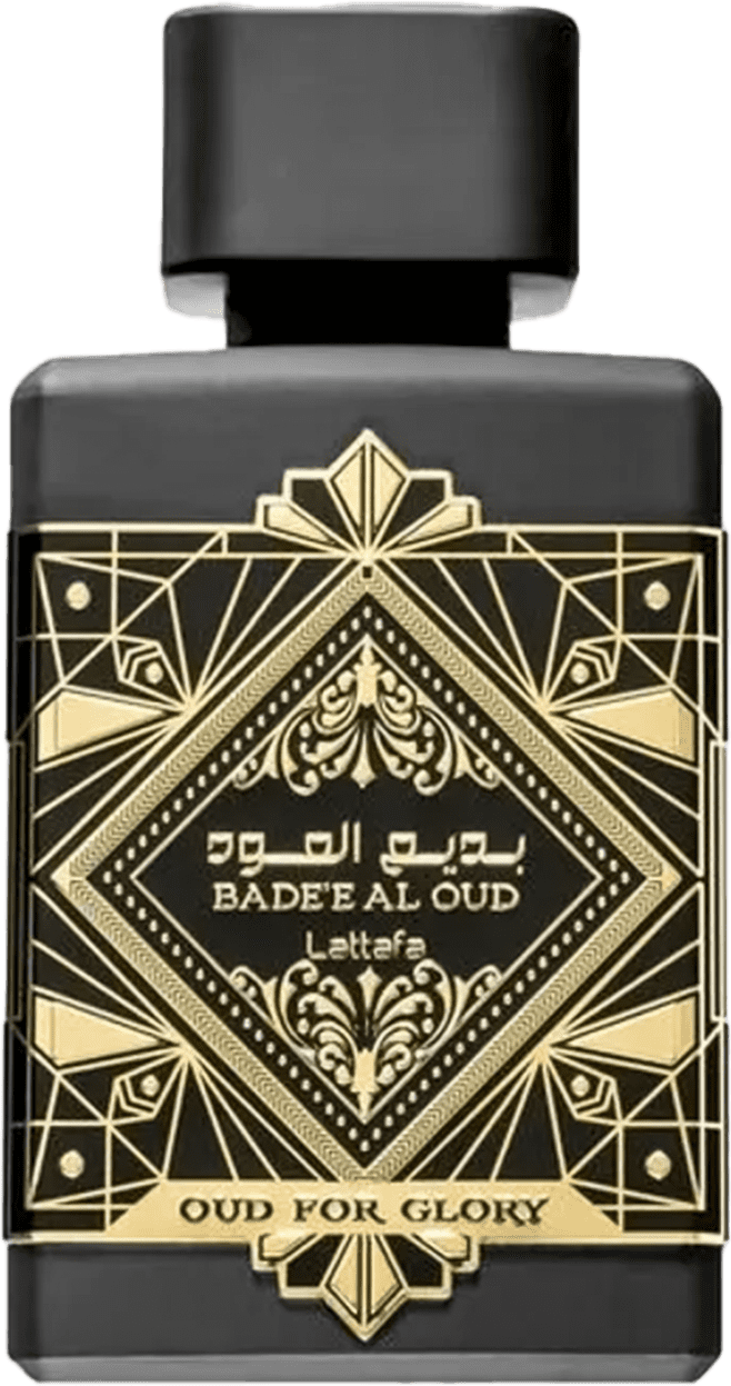 Frasco de perfume preto e dourado da marca Lattafa Perfumes, com rótulo em estilo art déco exibindo o nome "Badeeal Oud" e a descrição "Oud for Glory". O design é elegante e sofisticado, com detalhes decorativos dourados.