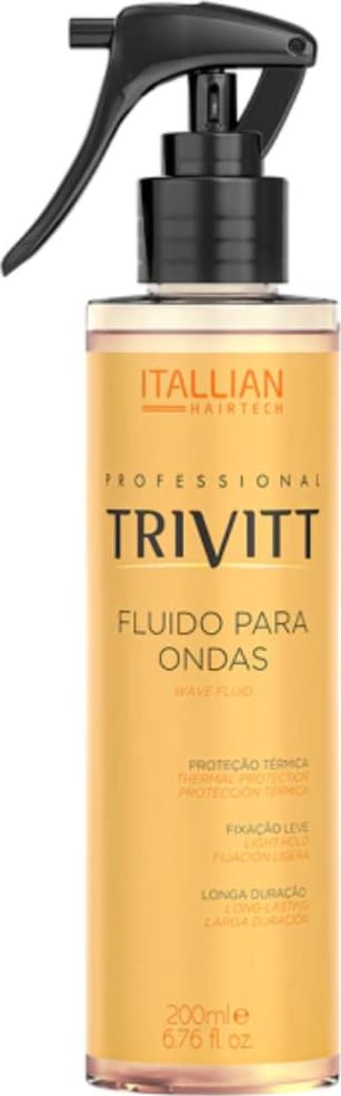 Fluido para ondas Itallian Hairtech. Embalagem com bomba borrifadora preta. Rótulo com o nome do produto "Fluido para Ondas" e detalhes como "Proteção Térmica", "Fixação Leve" e "Longa Duração". Capacidade de 200ml.