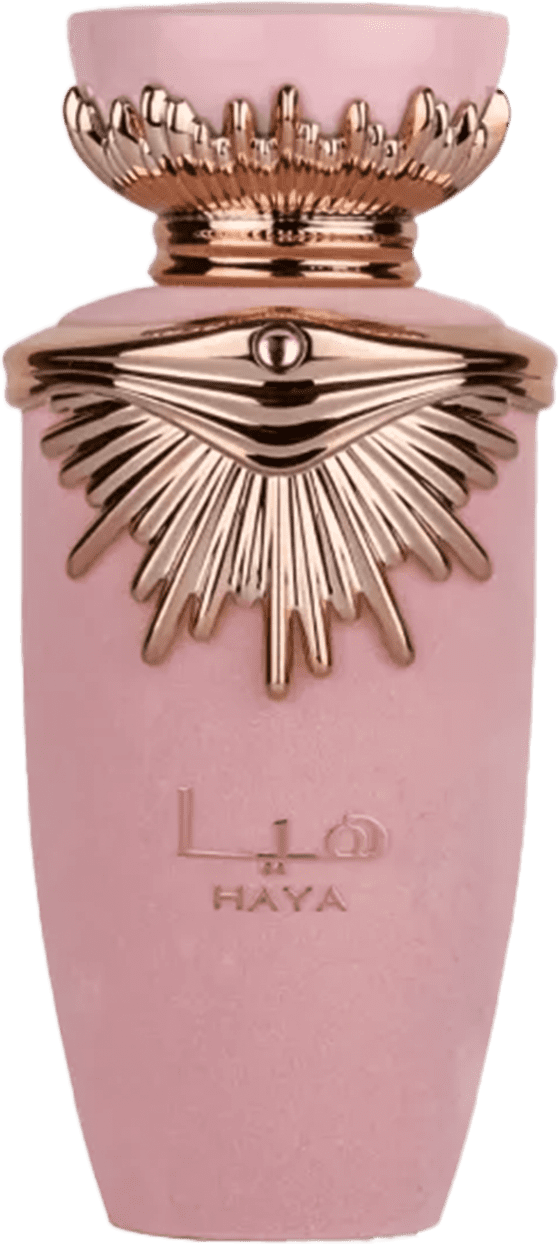 Frasco de perfume Lattafa Haya, de cor rosa, com detalhes dourados em formato de raios solares. O rótulo exibe o nome da fragrância em letras douradas.