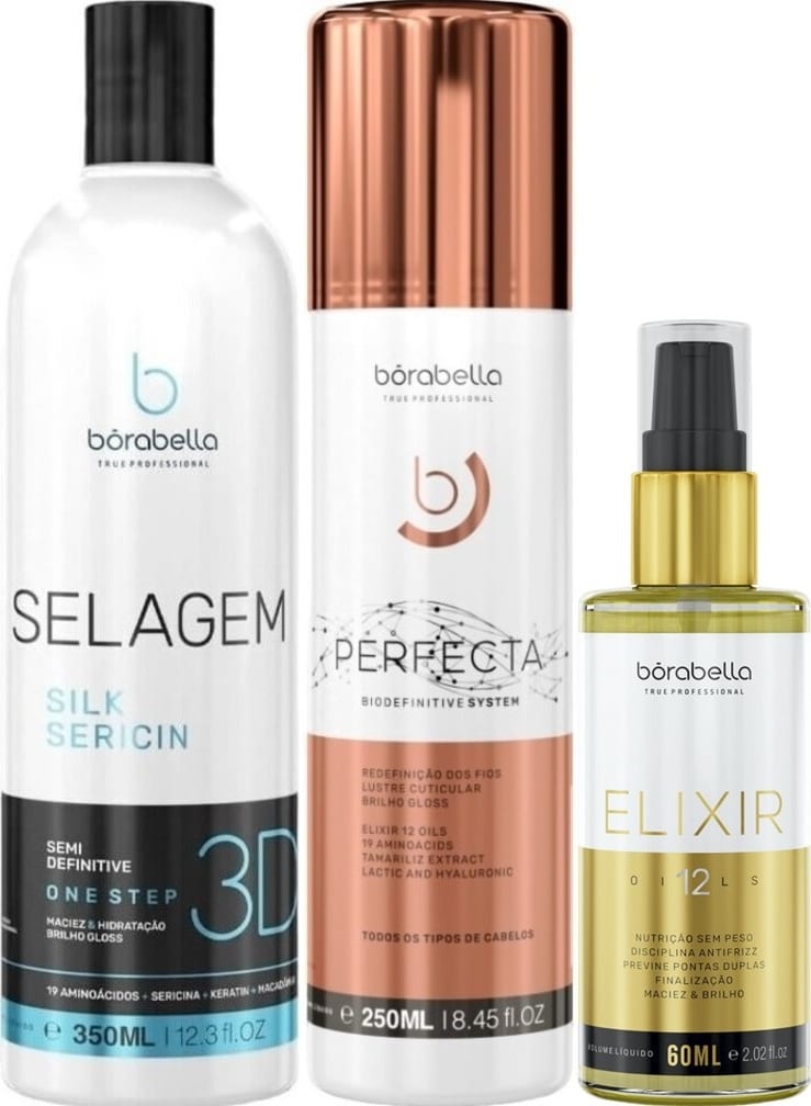 Kit com progressiva Selagem 3D, redutor de volume Perfecta e óleo capilar Elixir, da marca Borabella.