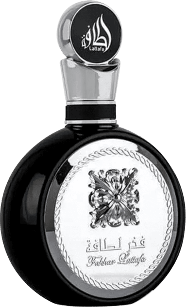 Frasco de perfume. É preto e possui um design elegante, com um lacre de cristal transparente no topo. O rótulo exibe o nome da fragrância em árabe e em inglês, "Yakhtar Lattafa". O design é simétrico e minimalista, com uma aparência sofisticada e luxuosa.
