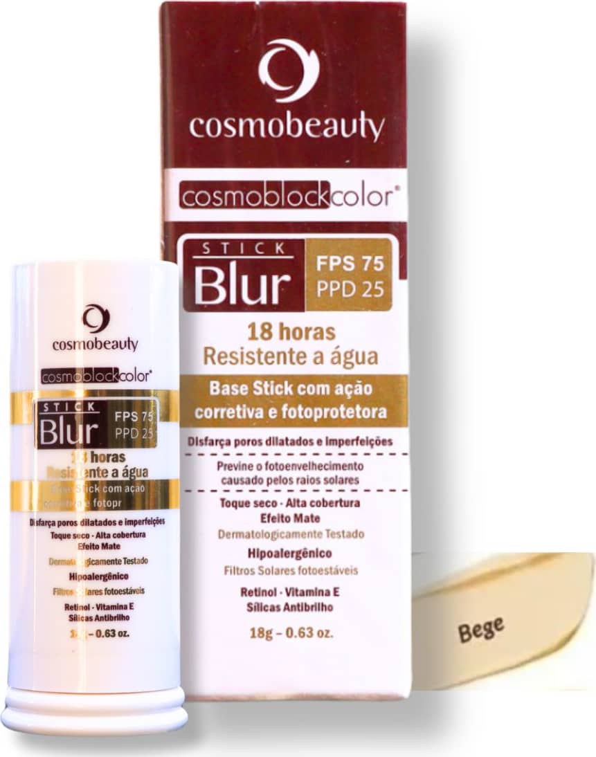 Bastão de proteção solar com uma tampa branca. A cor predominante do produto é um tom claro.