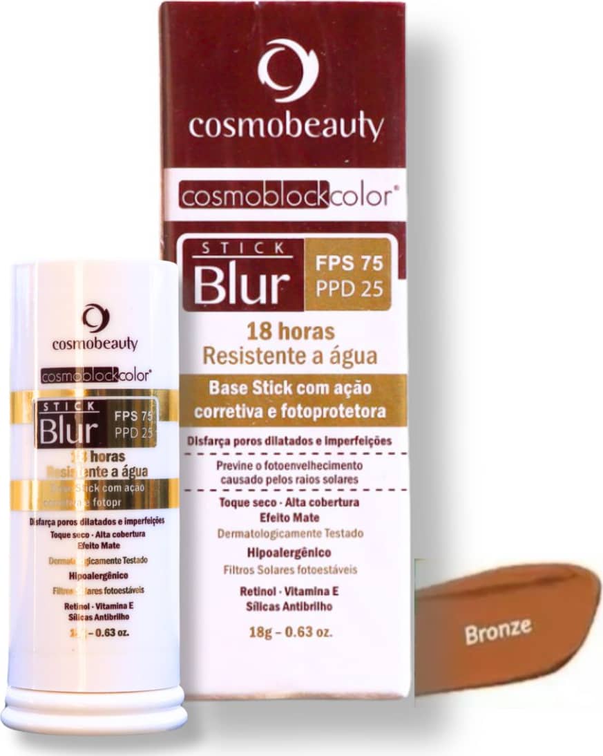Bastão de proteção solar com uma tampa branca. A cor predominante do produto é um tom de bronze.