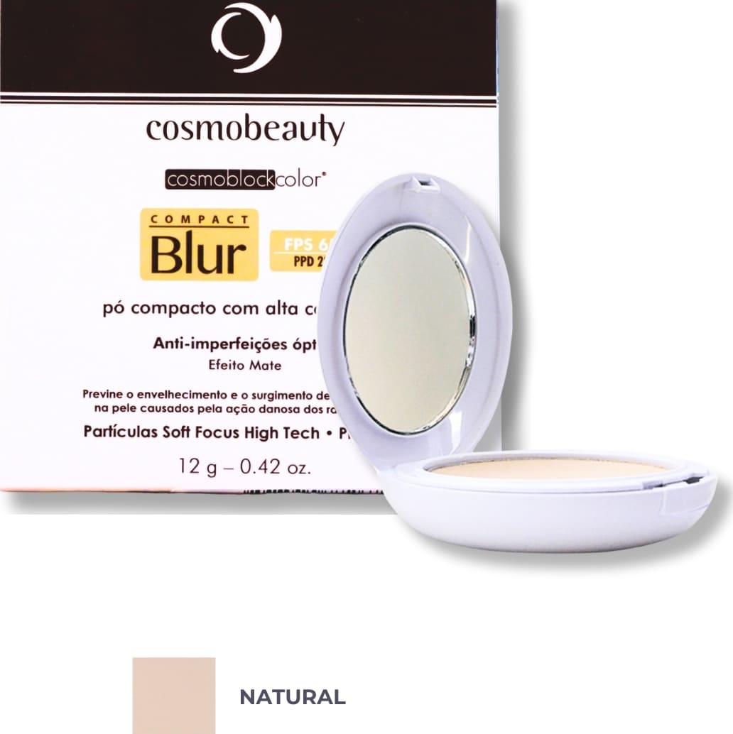 Compact Blur, um pó compacto da marca Cosmobeauty, em embalagem branca e preta, com espelho, promete efeito mate e correção de imperfeições da pele.