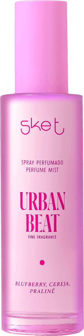 Spray perfume mist, com frasco em formato cilíndrico e cor rosa. No rótulo, está escrito "Urban Beat".