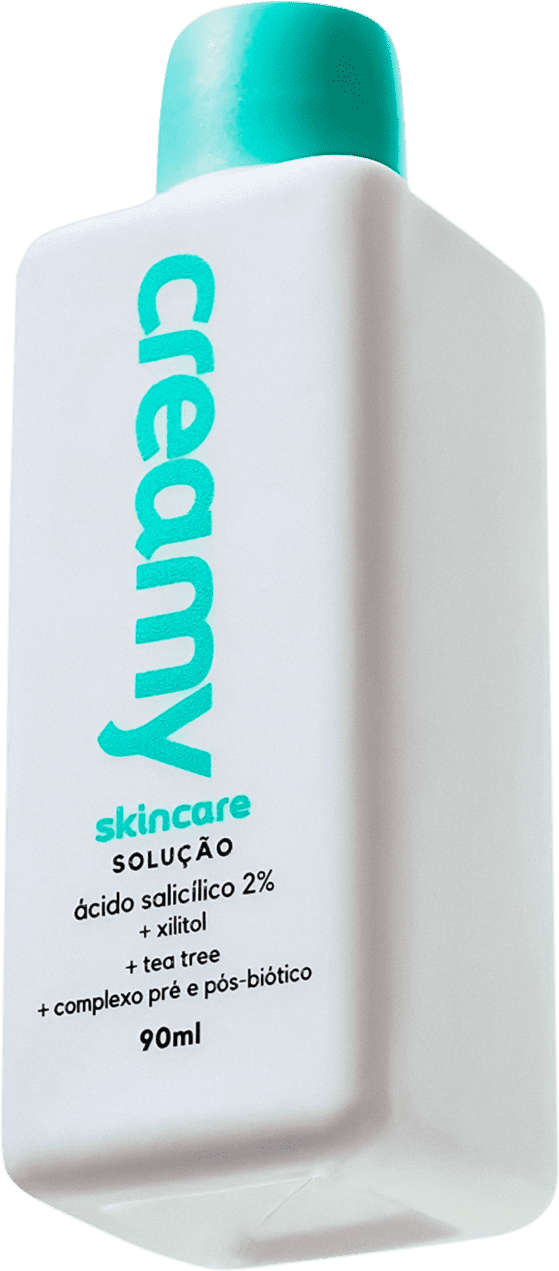 A imagem mostra um frasco de tônico antiacne retangular branco com tampa verde.