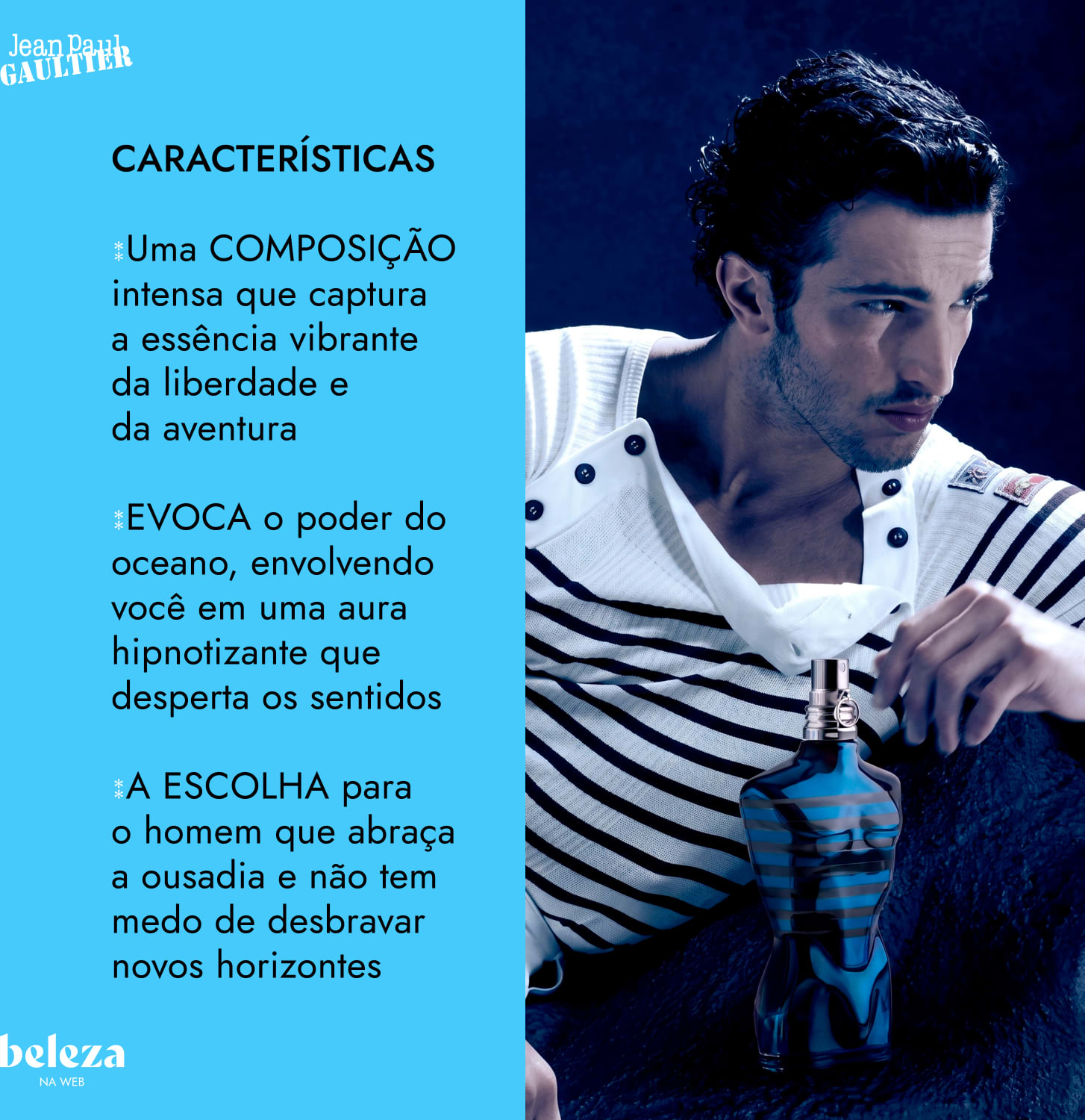 Homem com blusa listrada, segurando item de perfumaria com frasco azul e preto, da marca de perfumaria Jean Paul Gaultier
