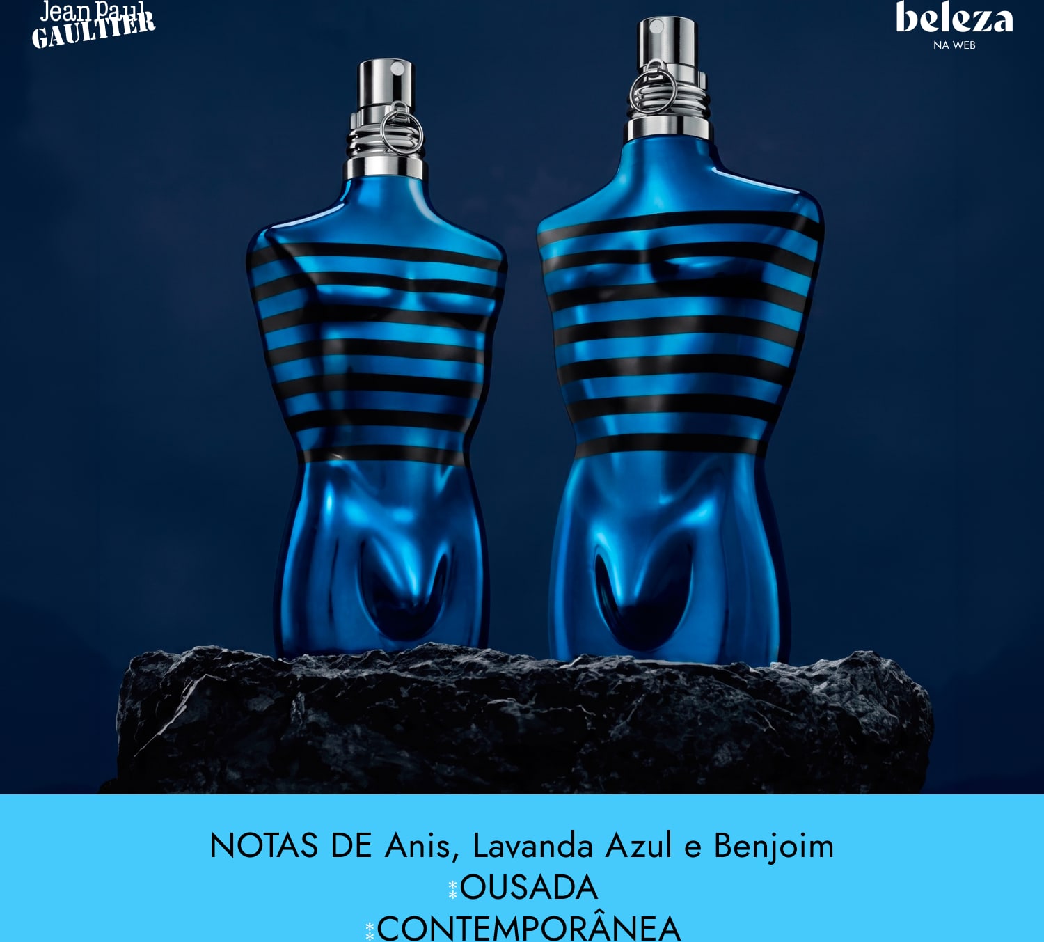 Dois frascos de item de perfumaria da marca Jean Paul Gaultier, com design em tons de azul e listras pretas, com texto "Notas de Anis, Lavanda Azul e Benjoim" e "Ousada Contemporânea".