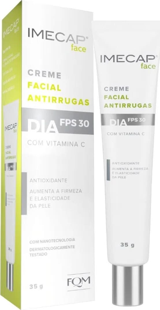 Creme facial antirrugas Imecap Face com FPS 30, embalagem em caixa verde e branca, contendo um tubo de 35g do produto, com destaque para a presença de vitamina C em sua composição.