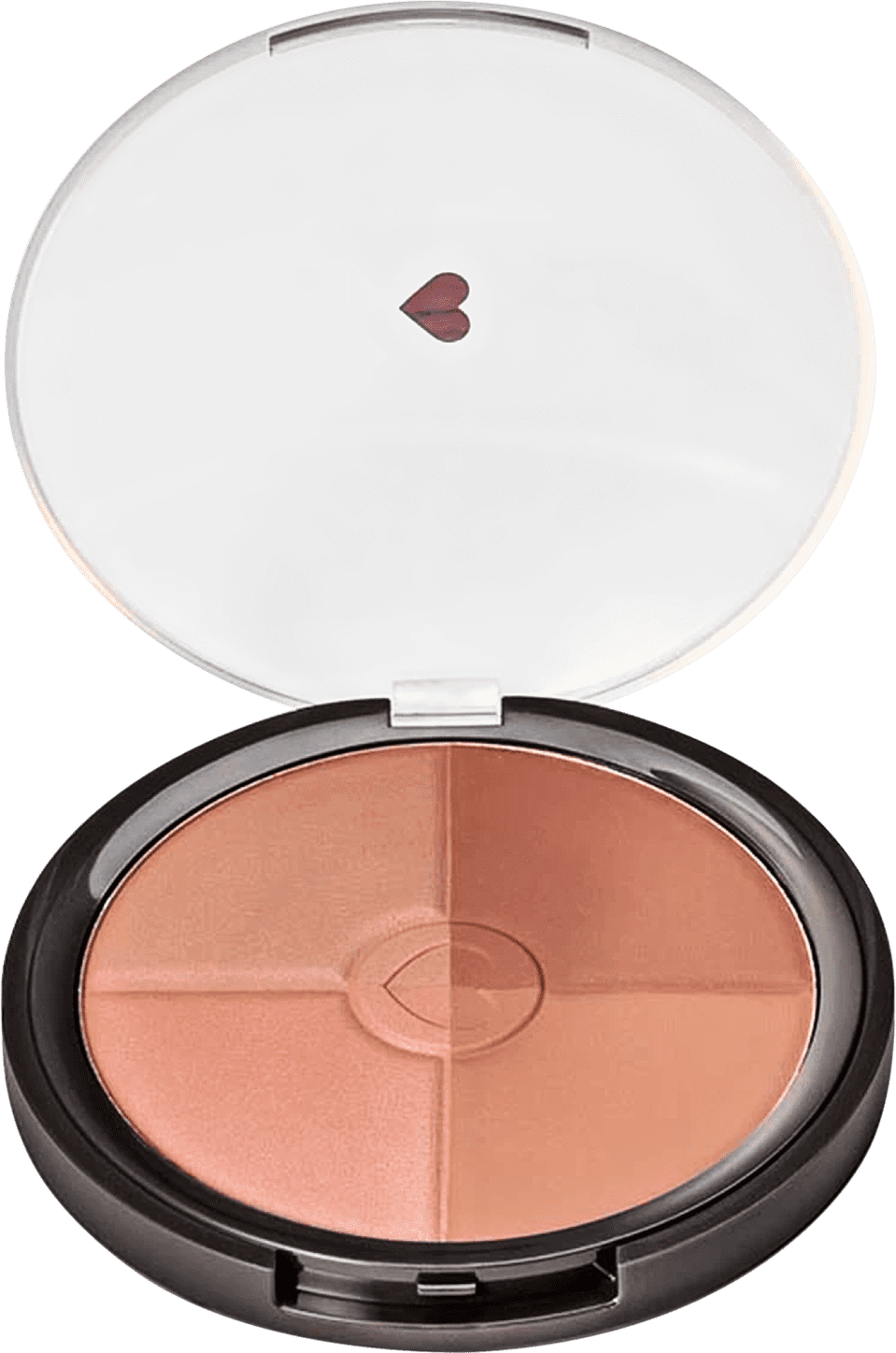 Pó compacto facial multiefeitos Bronze com quatro cores em tons rosados em estojo redondo preto com tampa transparente e coração ilustrado na tampa.