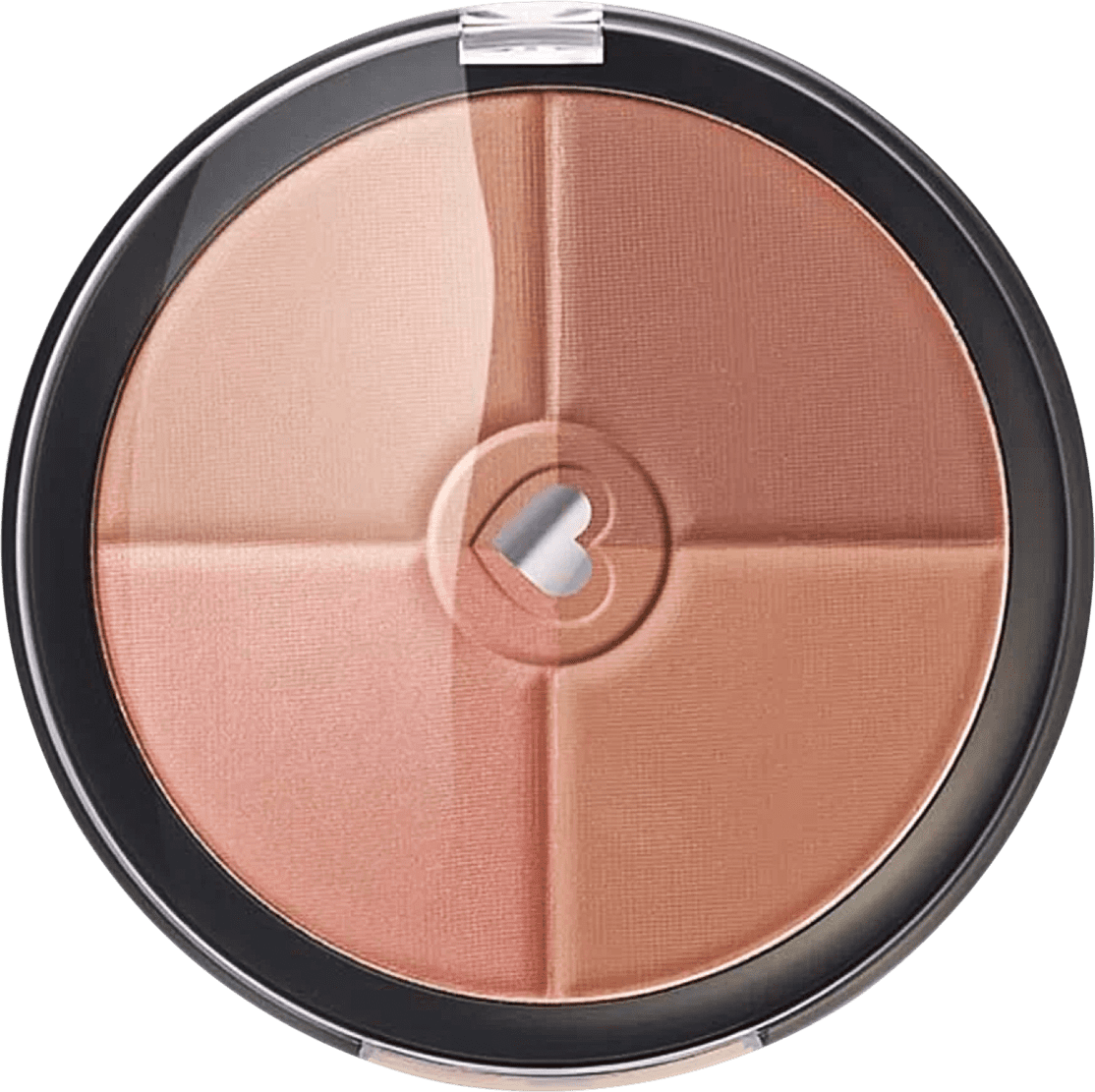 Pó compacto facial multiefeitos Bronze com quatro cores em tons rosados em estojo redondo preto com tampa transparente e coração ilustrado na tampa.