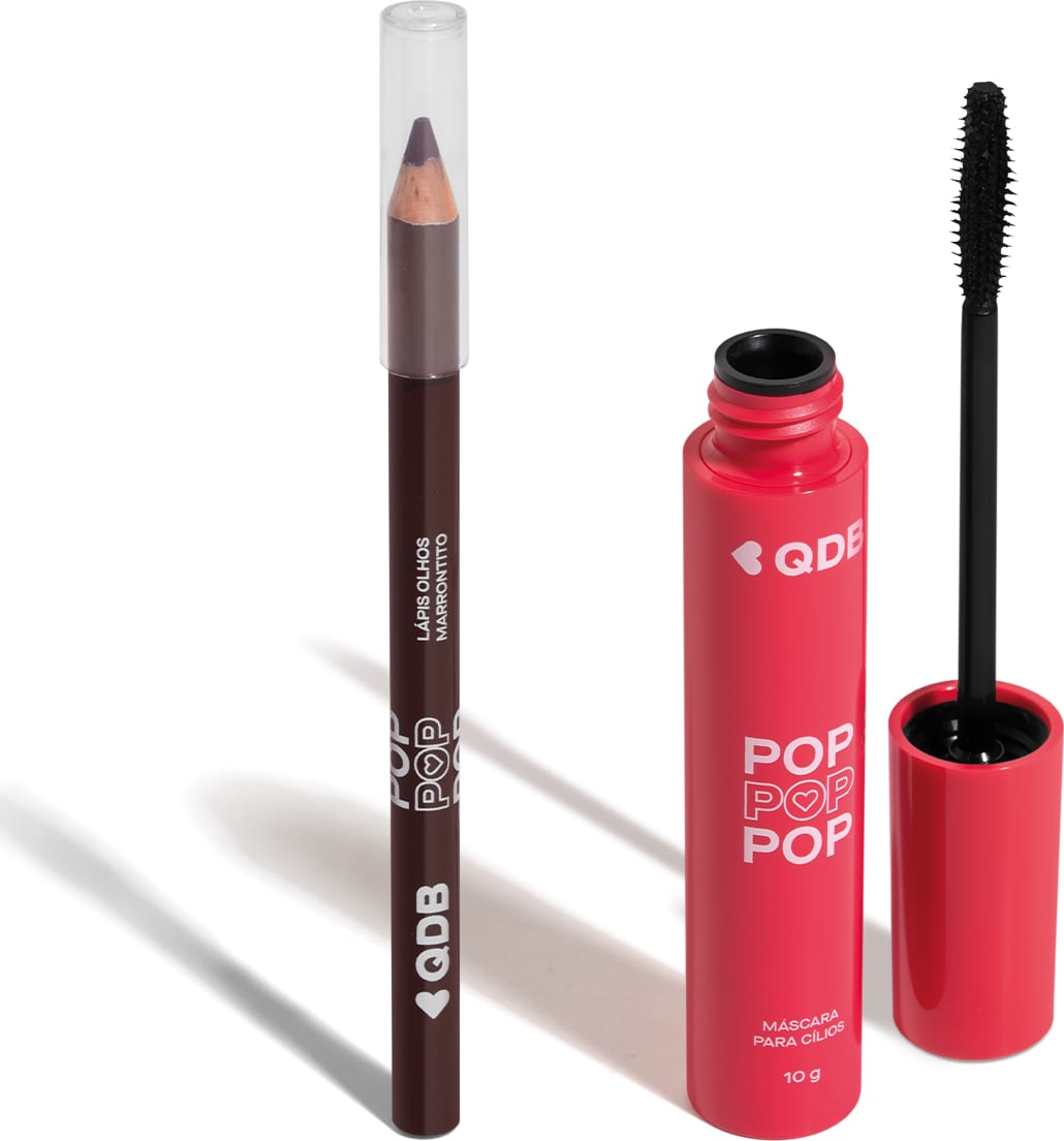 Imagem de dois produtos da marca POP Quem Disse, Berenice? contendo um lápis para olhos na cor marrom com tampa transparente e uma máscara de cílios em tubo rosa com aplicador preto. O fundo da imagem é branco com sombreado.