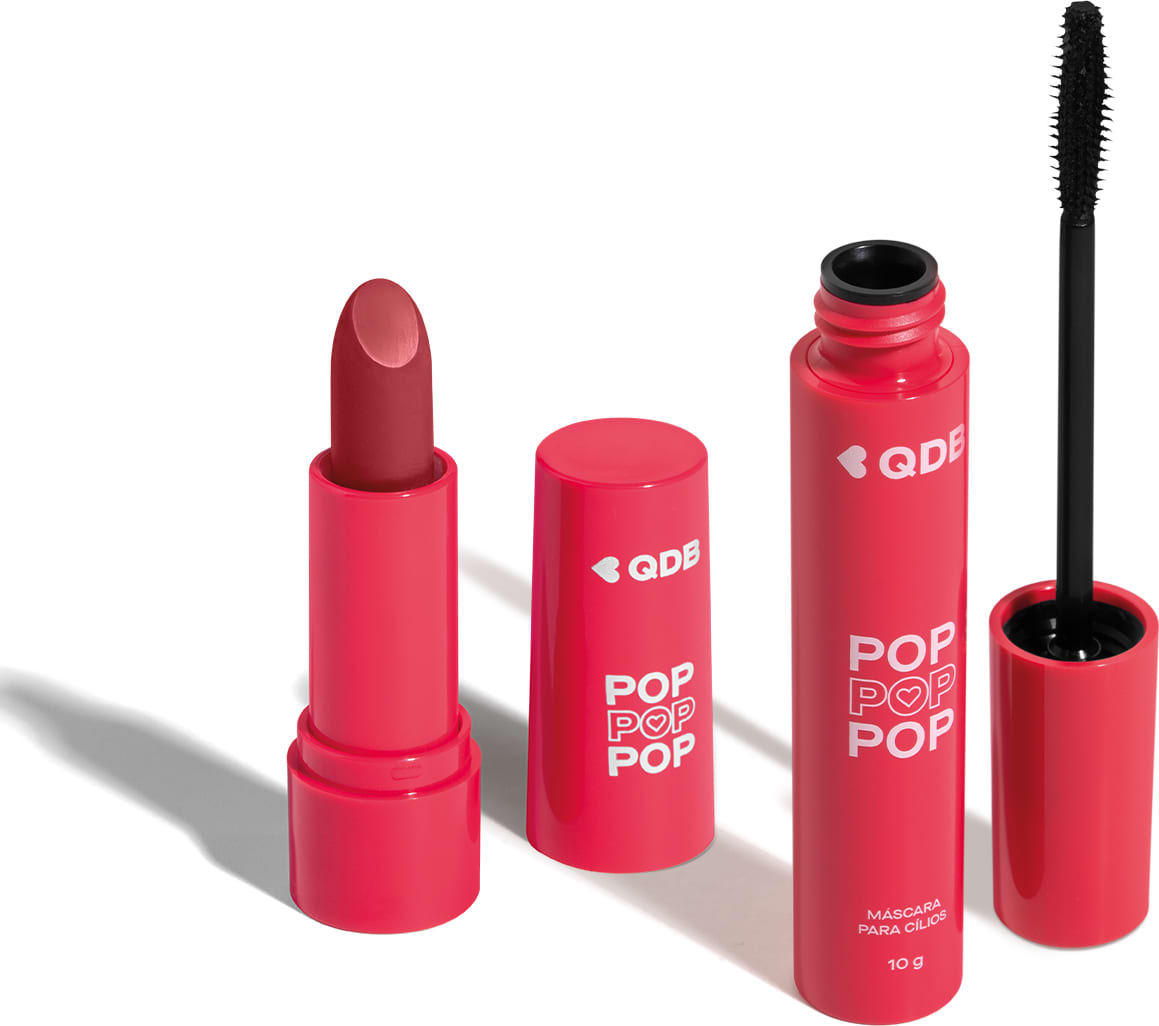Imagem de dois produtos da marca POP Quem Disse, Berenice? contendo um batom cremoso em embalagem rosa na cor Rosa Malva e uma máscara de cílios em tubo rosa com aplicador preto. O fundo da imagem é branco com sombreado.