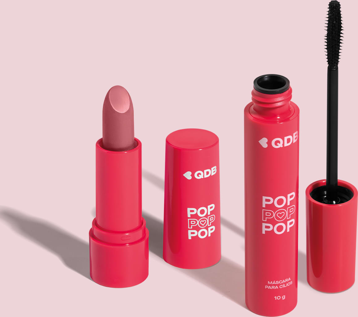 Imagem de dois produtos da marca POP Quem Disse, Berenice? contendo um batom semi matte em embalagem rosa na cor Rosa Supremo e uma máscara de cílios em tubo rosa com aplicador preto. O fundo da imagem é neutro com sombreado.