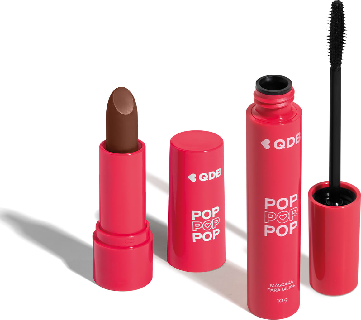 Imagem de dois produtos da marca POP Quem Disse, Berenice? contendo um batom semi matte em embalagem rosa na cor Marrom Glacê e uma máscara de cílios em tubo rosa com aplicador preto. O fundo da imagem é branco com sombreado.