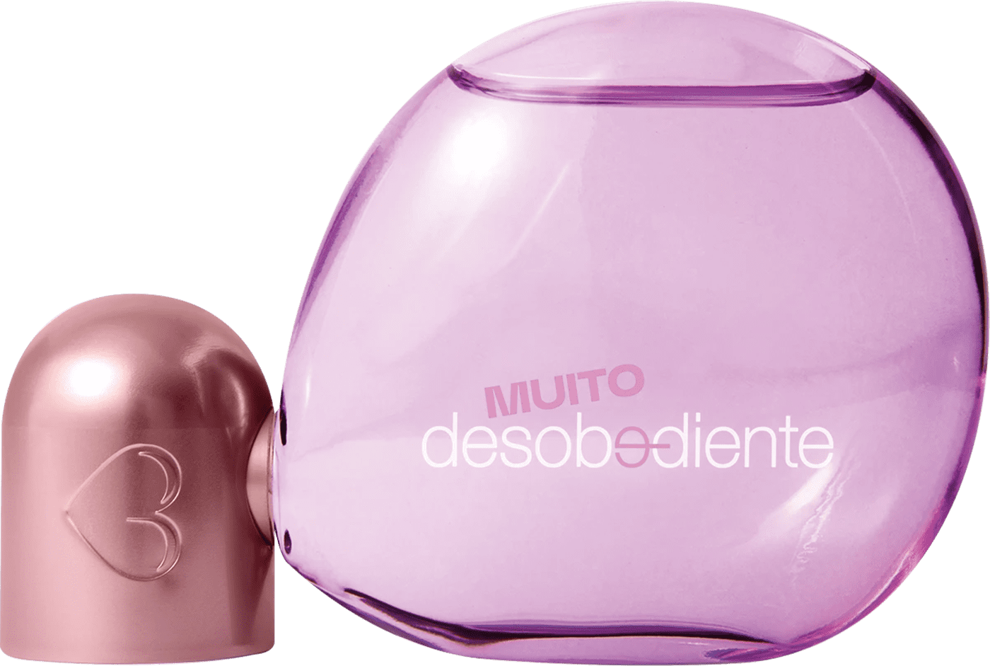 Frasco de vidro rosa em formato esférico com detalhe rosa metalizado e rótulo branco contendo Eau de Parafum Muito Desobediente Quem Disse, Berenice? com 100ml de fragrância.