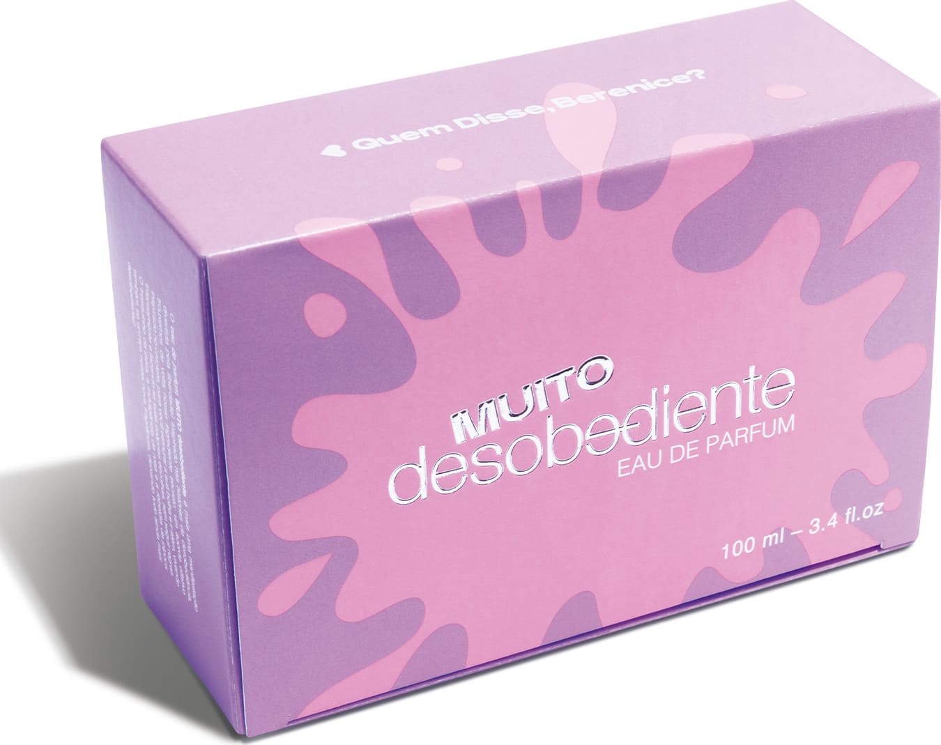 Caixa roxa e rosa que traz um frasco de Eau de Parfum Muito Desobediente Quem Disse, Berenice?.