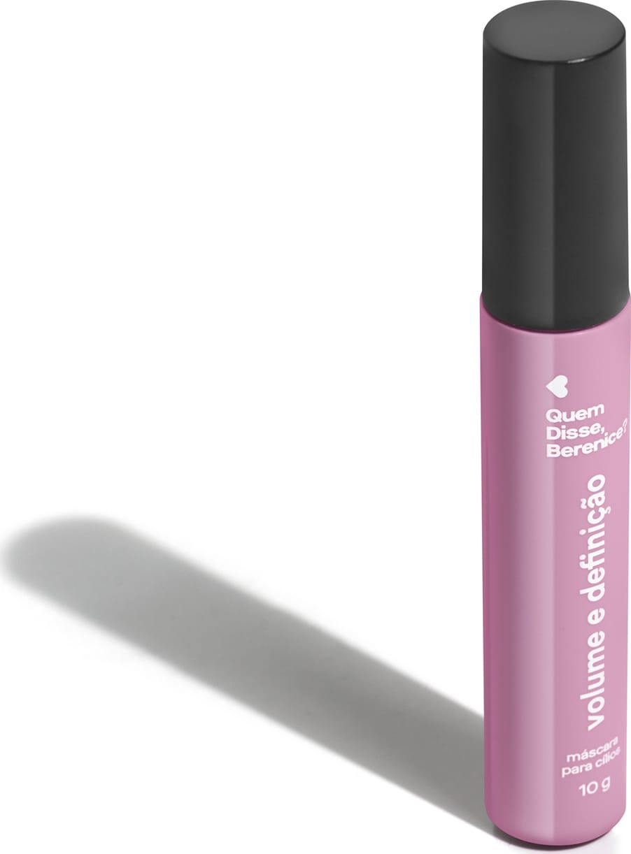 Tubo roxo com tampa preta e letras brancas de máscara de cílios Volume e Definição Quem Disse, Berenice?.