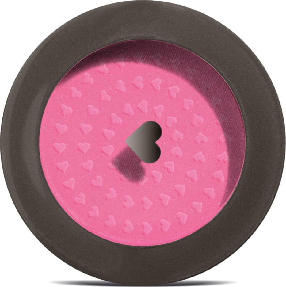 Estojo compacto redondo na cor preta com tampa transparente com coração ilustrado contendo 2g de blush em pó compacto Rubor Rosa Rosandilex da marca Quem Disse, Berenice?.