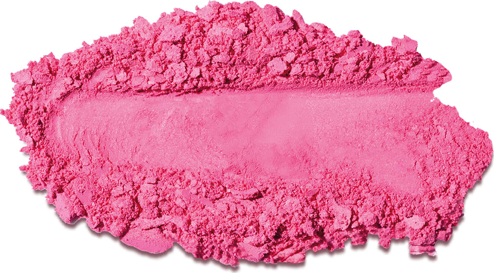 Textura de sombra em pó compacta rosa, com acabamento aveludado e brilho sutil, em superfície irregular e granulada.