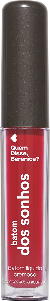 Batom líquido vermelho Vermelite dos Sonhos Quem Disse, Berenice? em tubo cilíndrico transparente mostrando a tonalidade do produto e tampa preta.