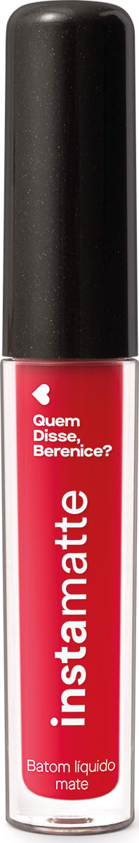 Frasco cilíndrico transparente com tampa preta e letras brancas contendo 4ml de batom líquido vermelho Vermeli Instamatte Quem Disse Berenice?.
