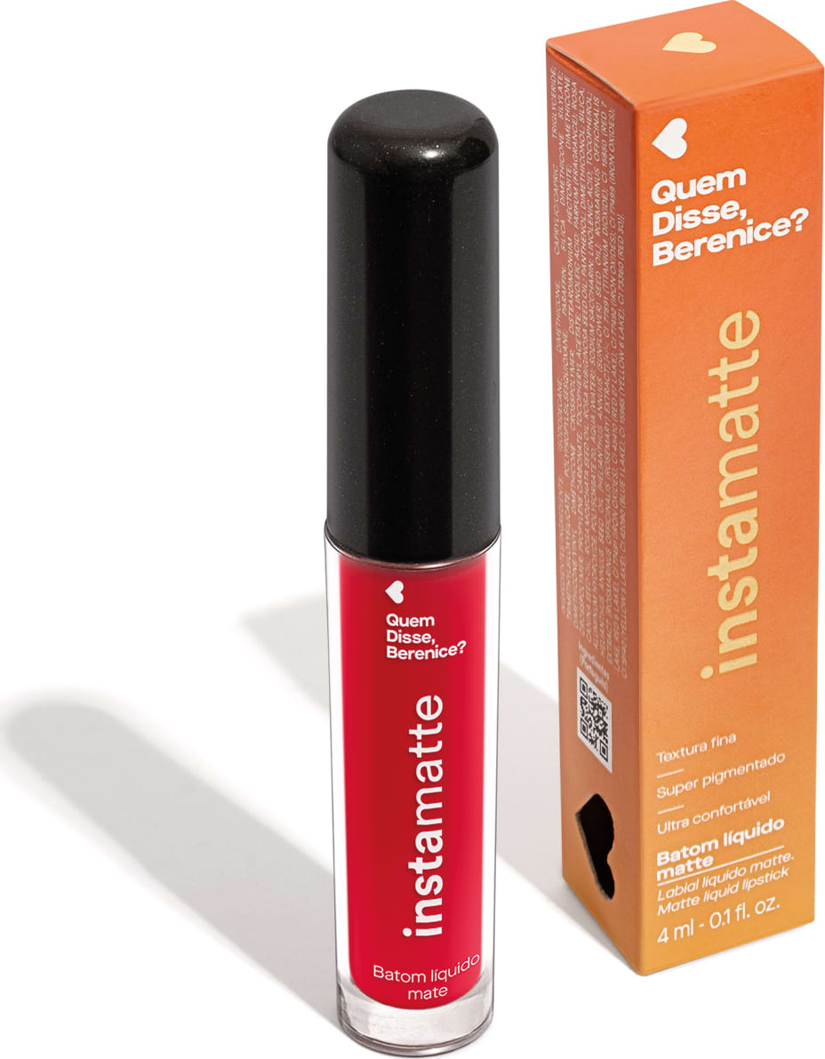 Frasco cilíndrico transparente com tampa preta e letras brancas contendo 4ml de batom líquido vermelho Vermeli Instamatte Quem Disse Berenice?. Ao lado, a caixa do produto na cor laranja com letras brancas.