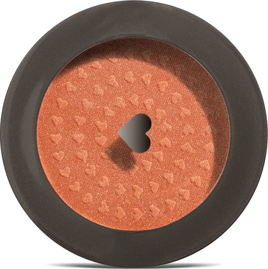 Estojo compacto redondo na cor preta com tampa transparente e coração ilustrado contendo 2g de blush em pó compacto Rubor Cobre Cobrelito da mara Quem Disse, Berenice?.