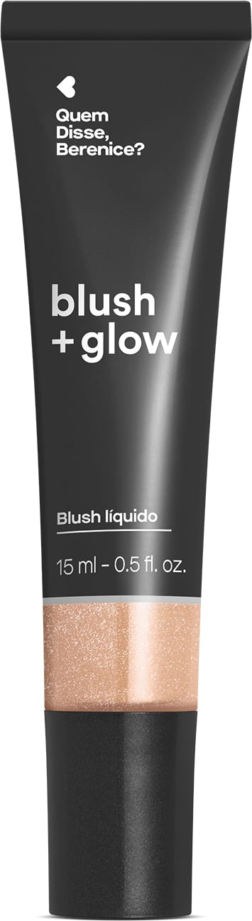 Bisnaga preta de item de maquiagem da marca Blush + Glow Quem disse, Berenice?, com detalhe dourado e texto branco branco no rótulo.