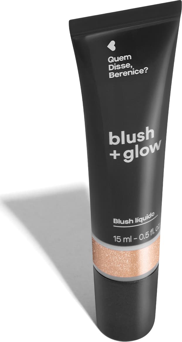 Bisnaga preta de item de maquiagem da marca Blush + Glow Quem disse, Berenice?, com detalhe dourado e texto branco branco no rótulo.