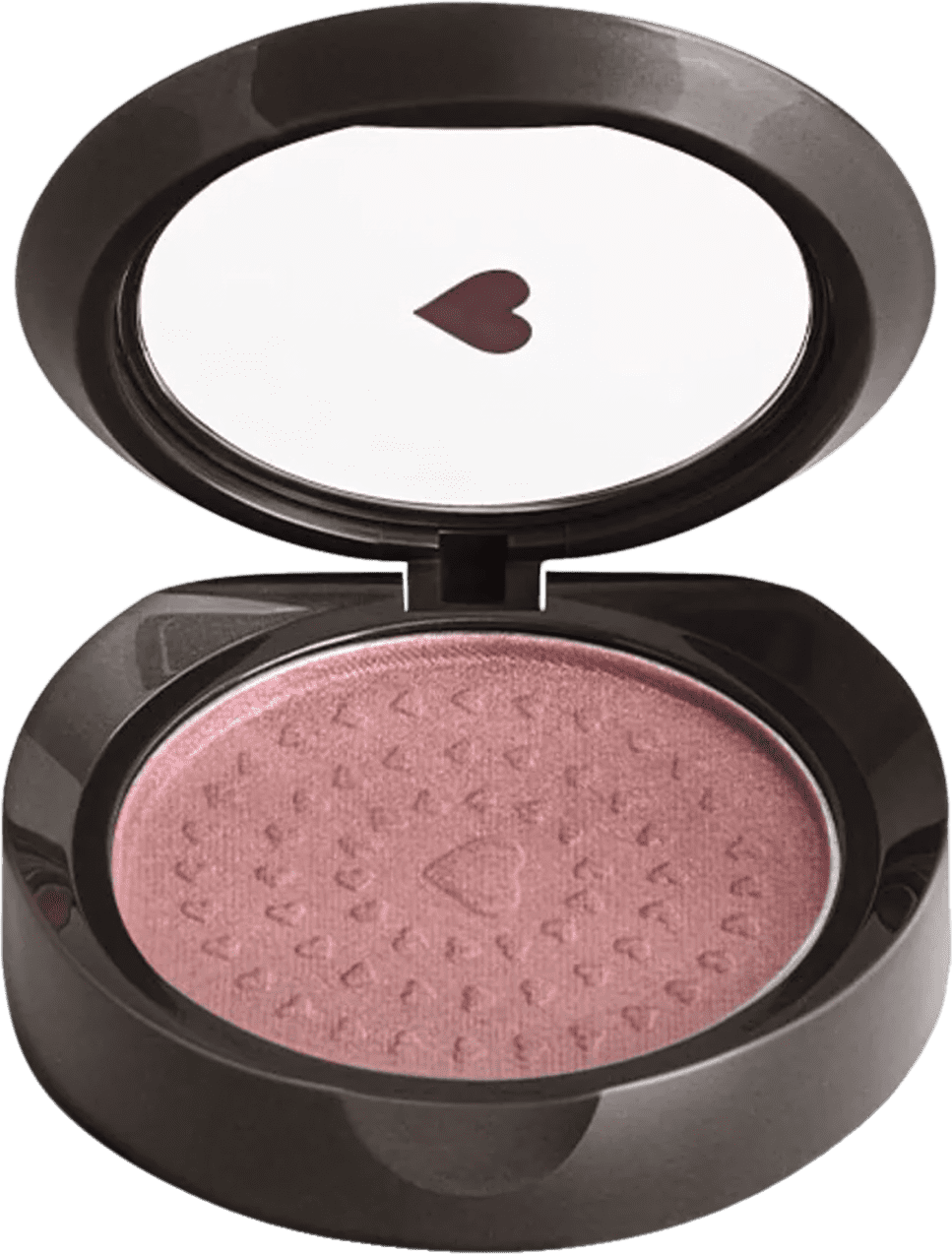 Pote circular preto de blush em pó compacto Cerejetim Quem Disse, Berenice?h em tom avermelhado, com textura brilhante, tampa transparente e coração no centro.