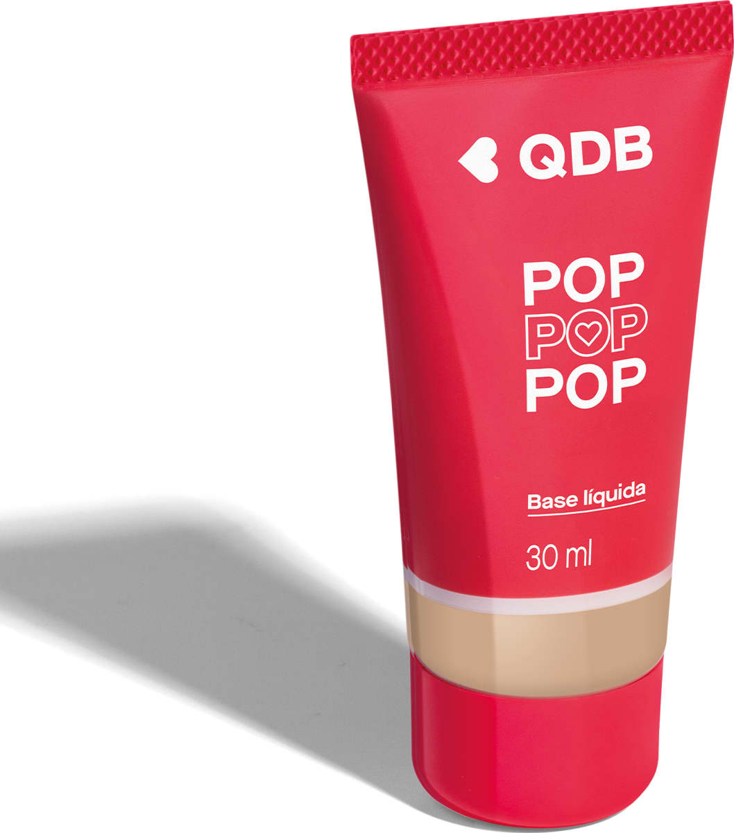 Imagem da base líquida soft matte da marca POP Quem Disse, Berenice? na cor 120N, em tubo rosa com parte transparente, mostrando a tonalidade do produto, e rótulo com letras brancas. O fundo da imagem é branco com sombreado.