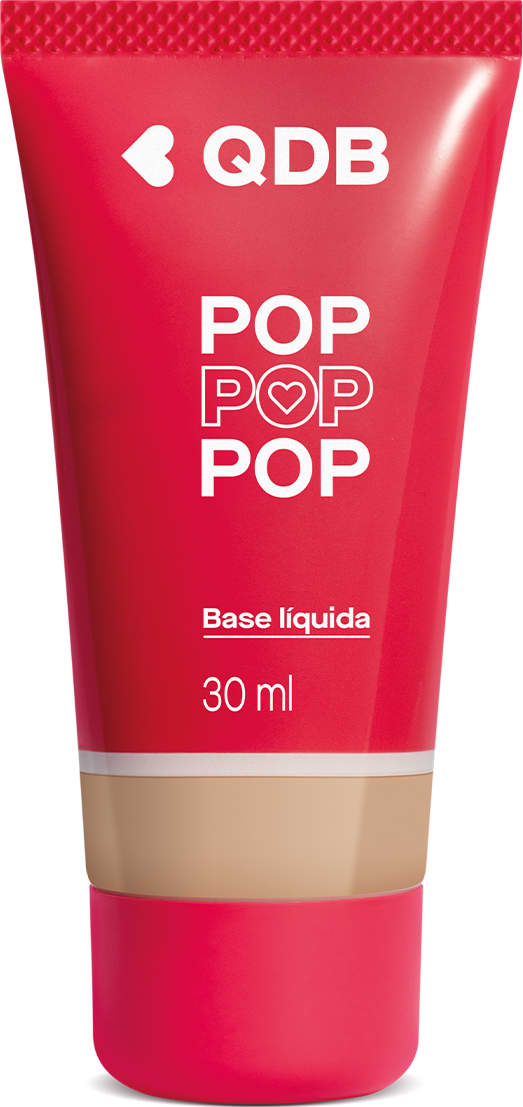 Imagem da base líquida soft matte da marca POP Quem Disse, Berenice? na cor 120N, em tubo rosa com parte transparente, mostrando a tonalidade do produto, e rótulo com letras brancas.