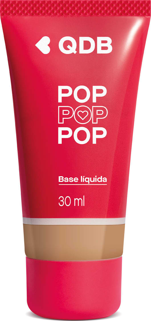 Imagem da base líquida soft matte da marca POP Quem Disse, Berenice? na cor 210Q, em tubo rosa com parte transparente, mostrando a tonalidade do produto, e rótulo com letras brancas.