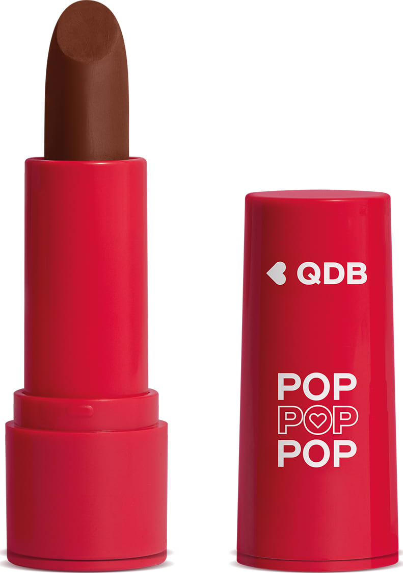 Imagem de um batom semi matte na cor Marrom Glacê em embalagem rosa vibrante e tampa na mesma tonalidade com letras brancas. O produto faz parte da marca  POP Quem Disse, Berenice?