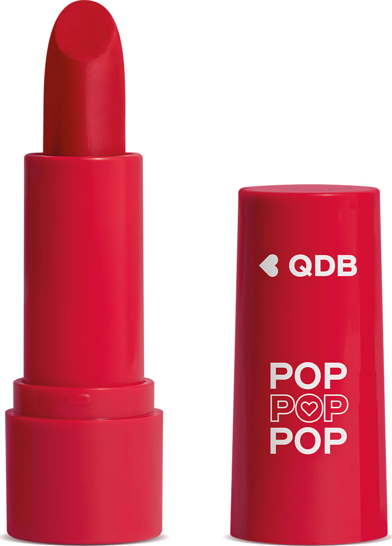 Imagem de um batom semi matte na cor Vermelho Icônico em embalagem rosa vibrante e tampa na mesma tonalidade com letras brancas. O produto faz parte da marca  POP Quem Disse, Berenice?