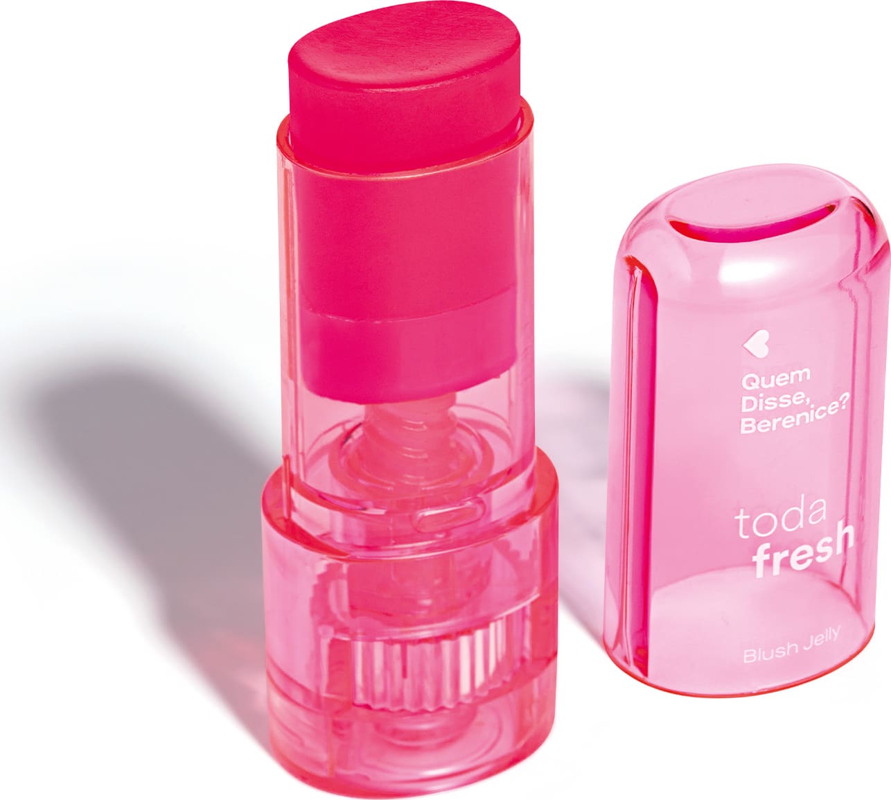 Frasco de blush jelly na cor rosa Toda Fresh Quem Disse, Berenice? em embalagem rosa escuro com tampa rosa translúcida.