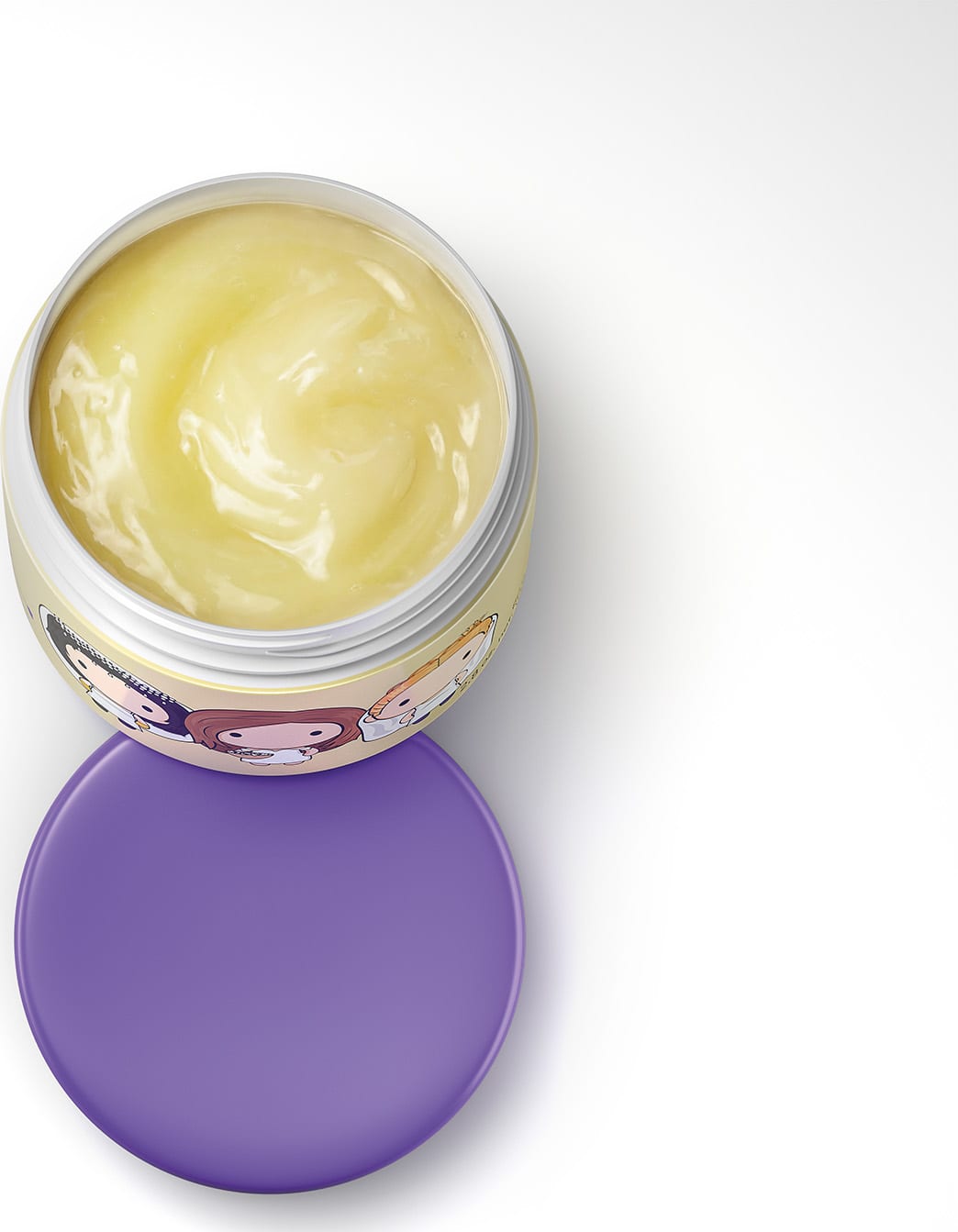 O item de perfumaria é um recipiente de plástico roxo com uma tampa branca. O conteúdo é uma substância cremosa de cor amarela clara com aparência suave e brilhante.