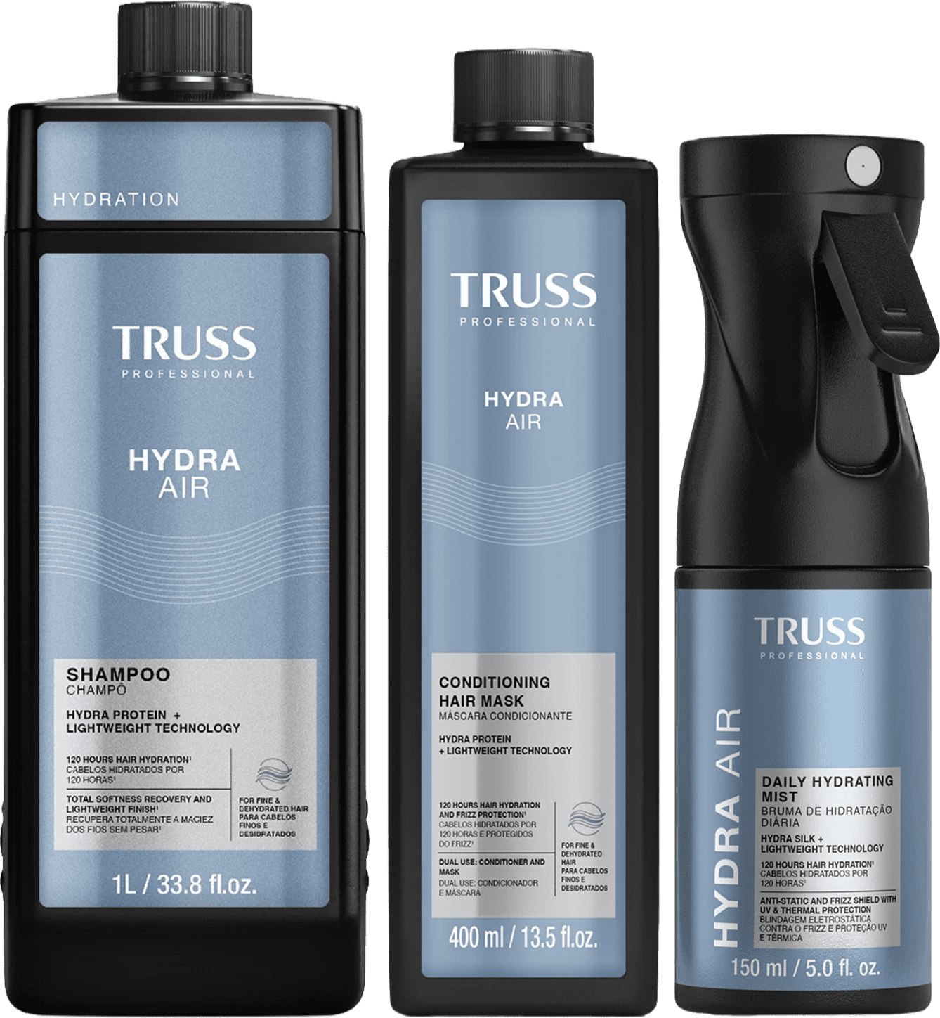 Produtos da linha Truss Professional: shampoo Hydra Air, máscara condicionadora Hydra Air e bruma hidratante diária Hydra Air, em embalagens pretas e azuis com detalhes em texto e gráficos.