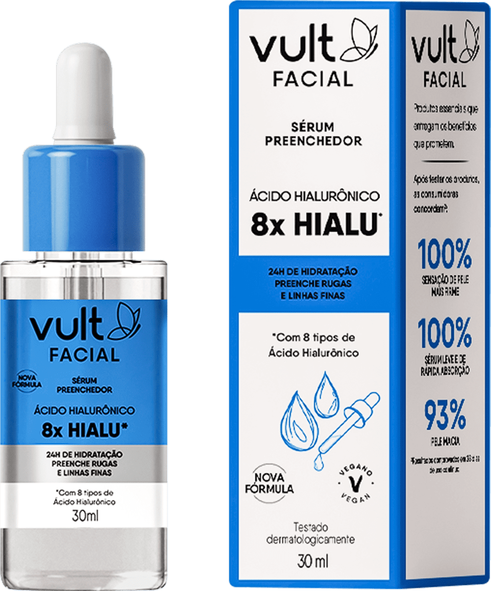 Uma caixa azul com detalhes brancos e logotipo da marca. Ao lado um frasco transparente com rótulo azul e tampa branca. O rótulo destaca "Sérum Preenchedor Ácido Hialurônico 8x Hialu",  24 horas de hidratação e preenchimento de rugas.
