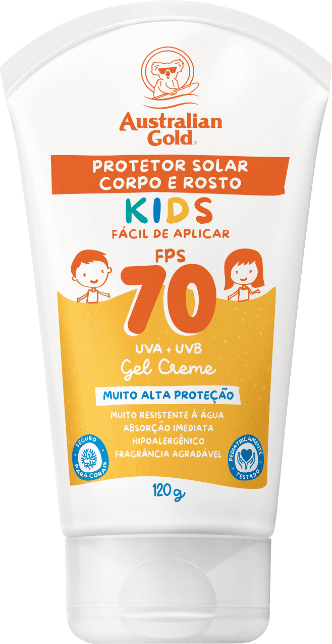 Protetor solar infantil em embalagem de tubo plástico branco. Rótulo laranja e amarelo com o logotipo da marca Australian Gold. Resistência à água, absorção imediata, hipoalergênico e fragrância agradável. Peso líquido de 120g.