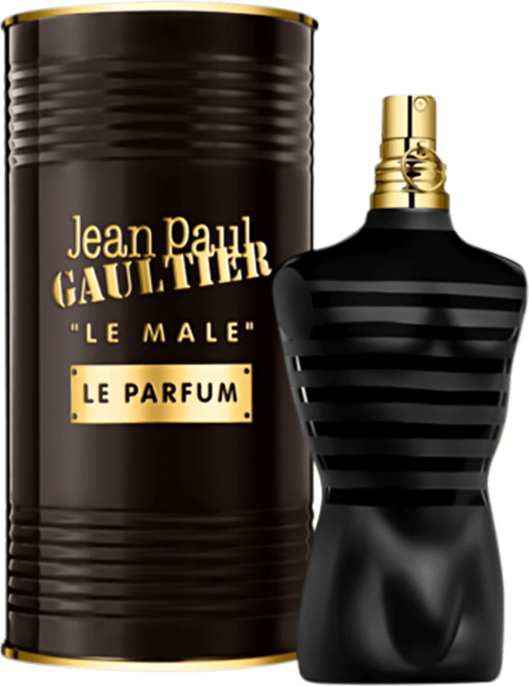 Frasco do perfume masculino da marca Jean Paul Gaultier, chamado "Le Male Le Parfum", em embalagem preta e dourada com listras verticais. Ao lado embalagem do perfume em forma de lata 