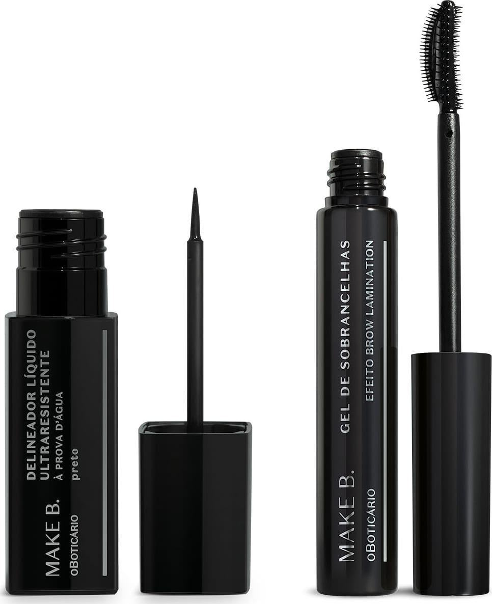Dois itens de maquiagem da marca Make B., sendo um frasco preto de delineador líquido com tampa, haste e aplicador fino e um tubo preto de máscara de sobrancelhas para Brow Lamination com tampa, haste e escova aplicadora